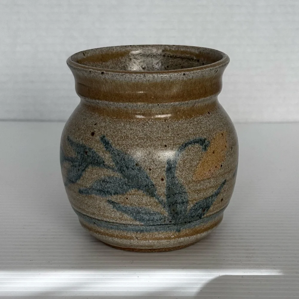Artist Signed Studio Pottery Vase Pot Brown Teal Yellow Stripes 4x3.5”